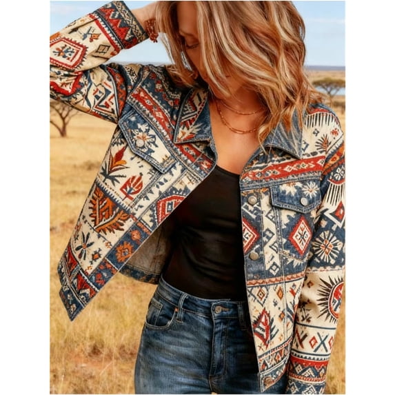 Women Cropped Button Down Fashion Jacket, Print Long Sleeve Casual Outerwear, Versatile Short Coat for Daily Going‑Out