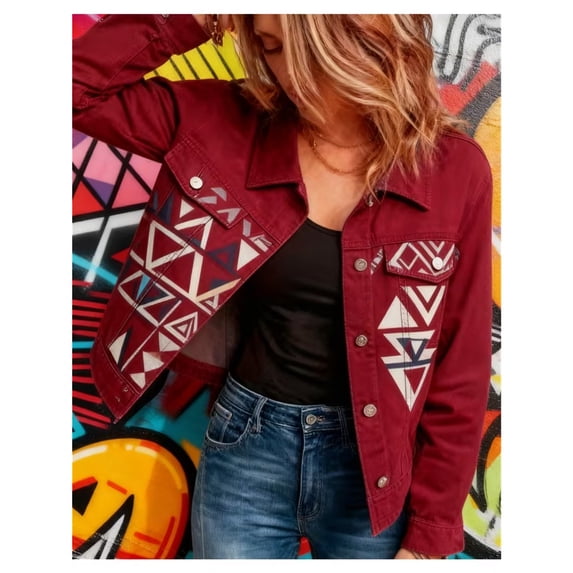 Women Cropped Button Down Fashion Jacket, Print Long Sleeve Casual Outerwear, Versatile Short Coat for Daily Going‑Out