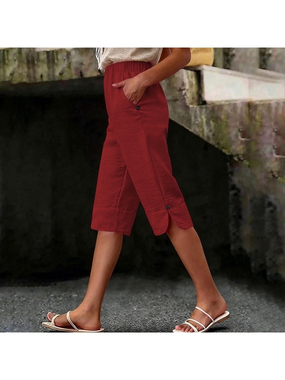 Women Cropped Capris Ladies Summer Casual Capris Solid Color Loose Fitting Cropped Pants with Pockets for Beach Travel Red XL
