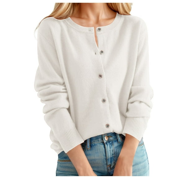 Women Cropped Cardigan Fashion Solid Long Sleeve Crew Neck Button Down Lightweight Open Front Knit Sweater