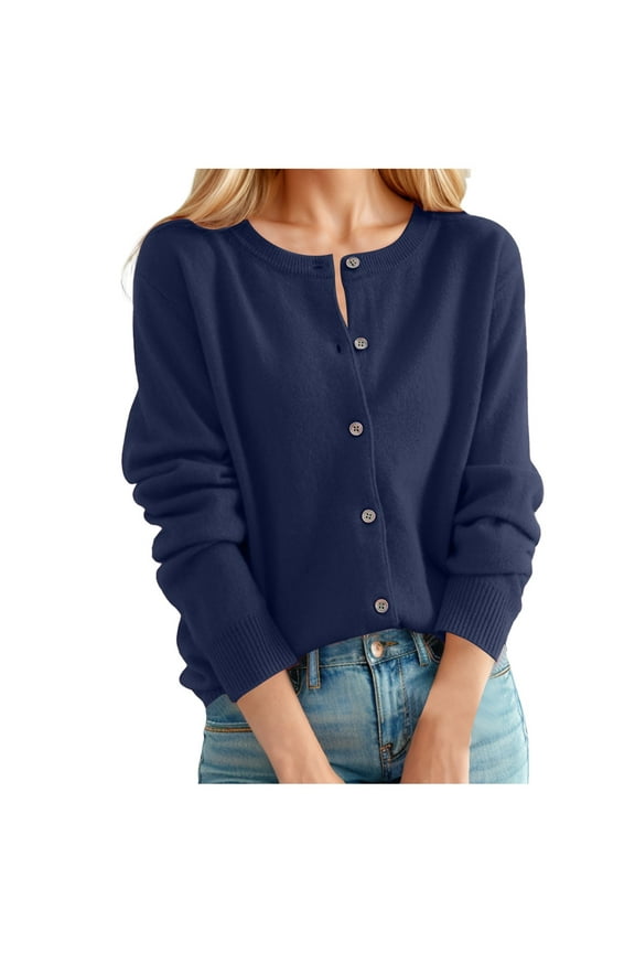 Women Cropped Cardigan Fashion Solid Long Sleeve Crew Neck Button Down Lightweight Open Front Knit Sweater