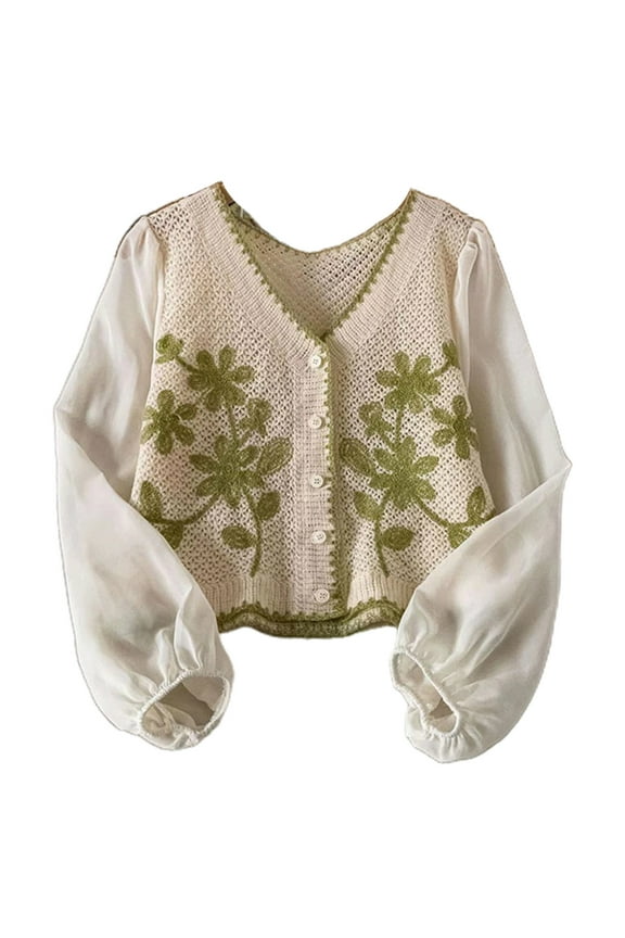 Women Cropped Cardigan French Style Bubble Long Sleeve Button Cover Up Jacket Summer Crochet Floral Loose Outwear Coat