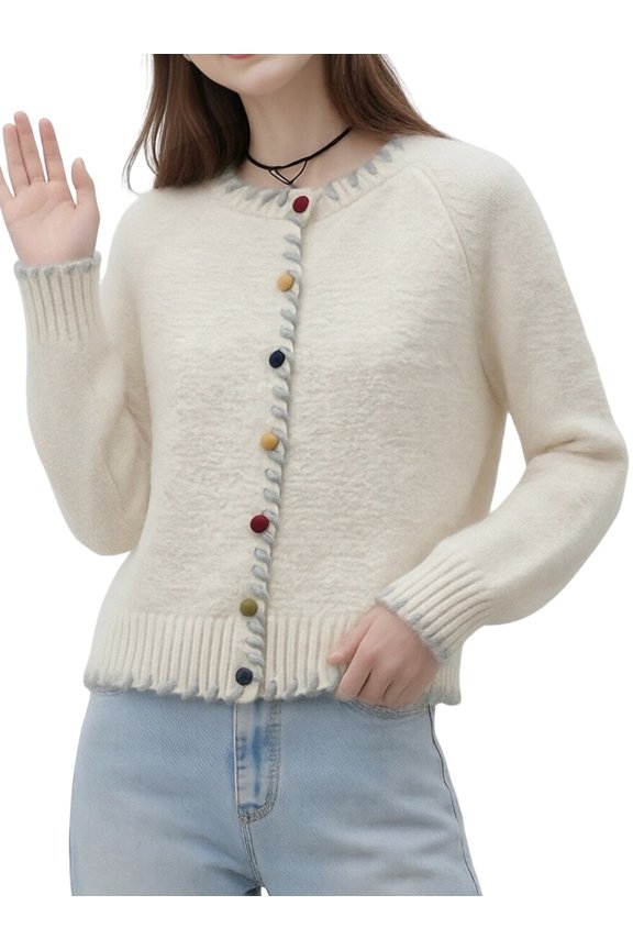 Women Cropped Cardigan Sweaters Crewneck Button Down Cardigan Apricot One size