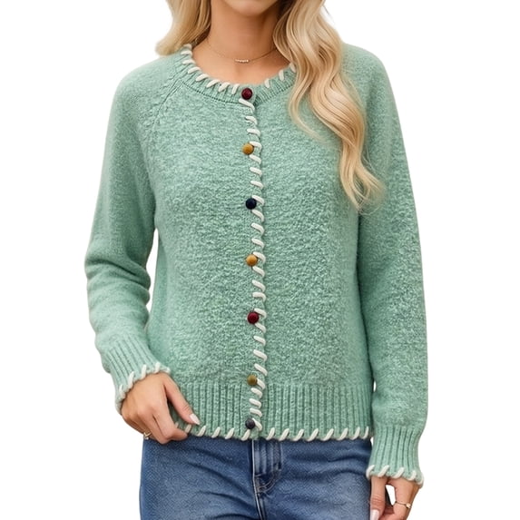 Women Cropped Cardigan Sweaters Crewneck Button Down Cardigan Green One size