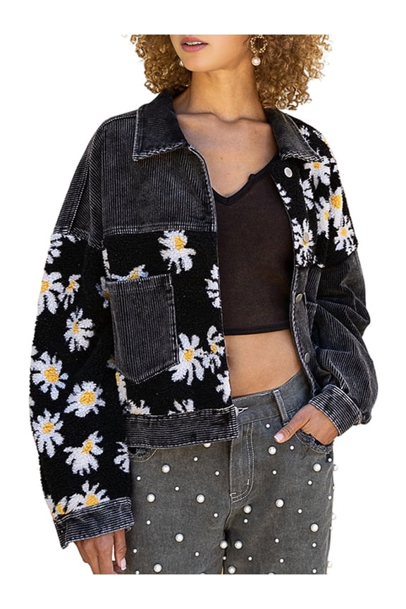Women Cropped Corduroy Shacket Daisy Floral Button Down Fleece Varsity Crop Jacket Fall Patchwork Black L