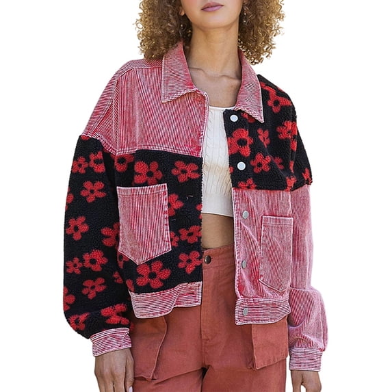 Women Cropped Corduroy Shacket Daisy Floral Button Down Fleece Varsity Crop Jacket Fall Patchwork Watermelon Red L