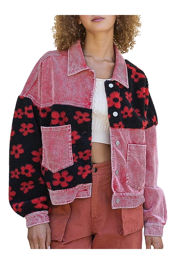 Women Cropped Corduroy Shacket Daisy Floral Button Down Fleece Varsity Crop Jacket Fall Patchwork Watermelon Red M