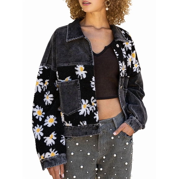 Women Cropped Corduroy Shacket Daisy Floral Button Down Fleece Varsity Crop Jacket Fall Patchwork