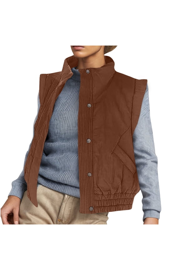 Women Cropped Cotton Vests Sleeveless Stand Collar Button Down Crop Jackets Lightweight Coat Fall Winter Outwear with Pocket