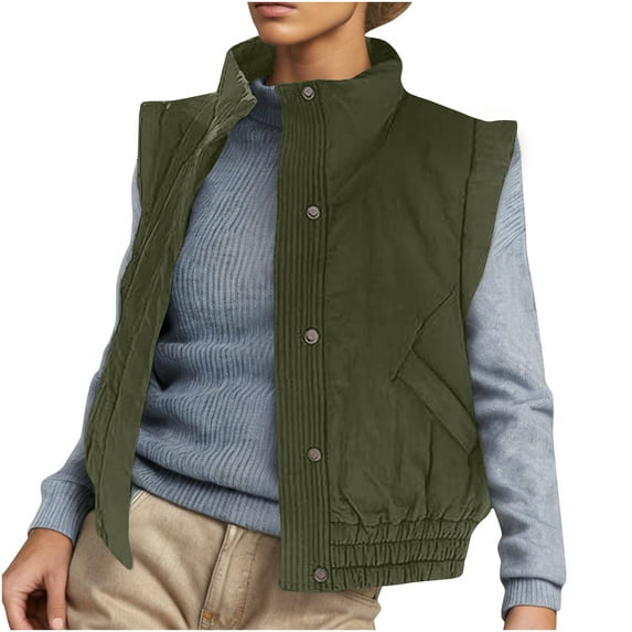 Women Cropped Cotton Vests Sleeveless Stand Collar Button Down Crop Jackets Lightweight Coat Fall Winter Outwear with Pocket