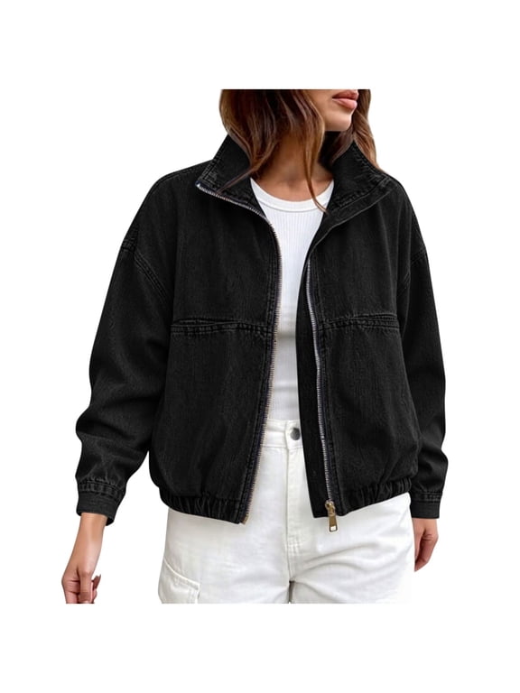 Women Cropped Denim Bomber Jacket, Zip Up Stand Collar Long Sleeve Loose Fit Jean Jacket with Pockets, Casual Streetwear Outerwear