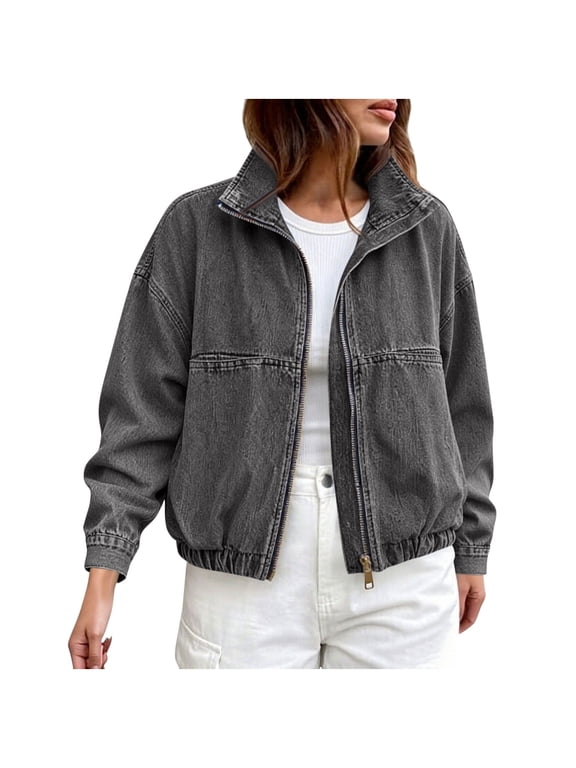 Women Cropped Denim Bomber Jacket, Zip Up Stand Collar Long Sleeve Loose Fit Jean Jacket with Pockets, Casual Streetwear Outerwear