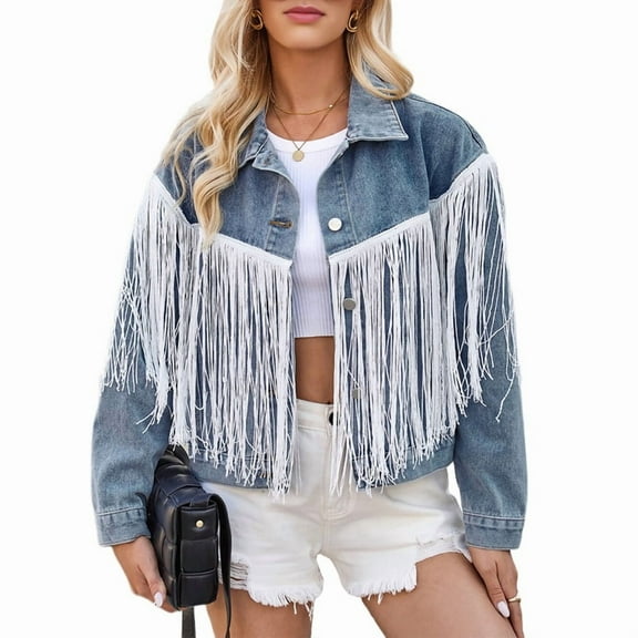 Women Cropped Denim Jacket Fringe Oversized Long Sleeve Womens Jean Shacket Coat with Tassel Fall Outwear Blue M