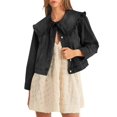 thumbnail image 1 of Women Cropped Denim Jacket Ruffle Peter Pan Collar Long Sleeve Button Down Casual Outerwear, 1 of 6