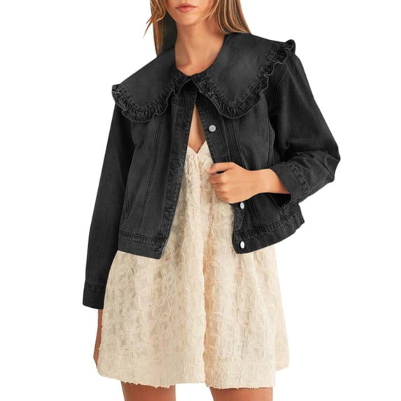 Women Cropped Denim Jacket Ruffle Peter Pan Collar Long Sleeve Button Down Casual Outerwear