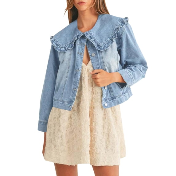 Women Cropped Denim Jacket Ruffle Peter Pan Collar Long Sleeve Button Down Casual Outerwear
