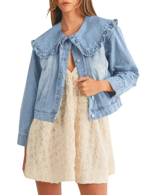 Women Cropped Denim Jacket Ruffle Peter Pan Collar Long Sleeve Button Down Casual Outerwear