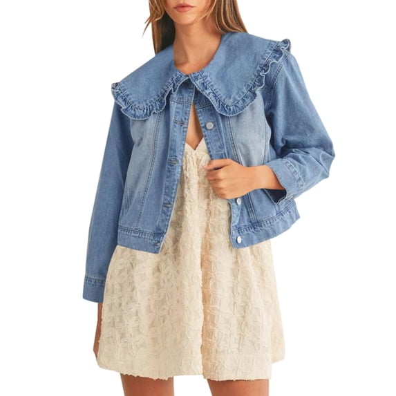 Women Cropped Denim Jacket Ruffle Peter Pan Collar Long Sleeve Button Down Casual Outerwear