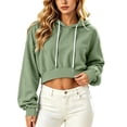 thumbnail image 1 of Women Cropped Drawstring Hooded Sweatshirt Long Sleeve Loose Pullover Crop Hoodie Casual Sport Tops for Spring Autumn Streetwear Green, 1 of 6