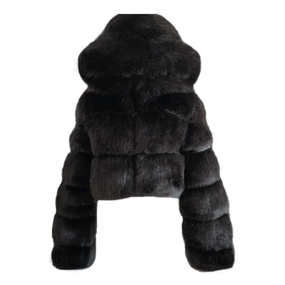 Women Cropped Faux Fur Coat Thicken Furry Hoodies Long Sleeve Soild Splicing Jacket Winter Warm Outerwear