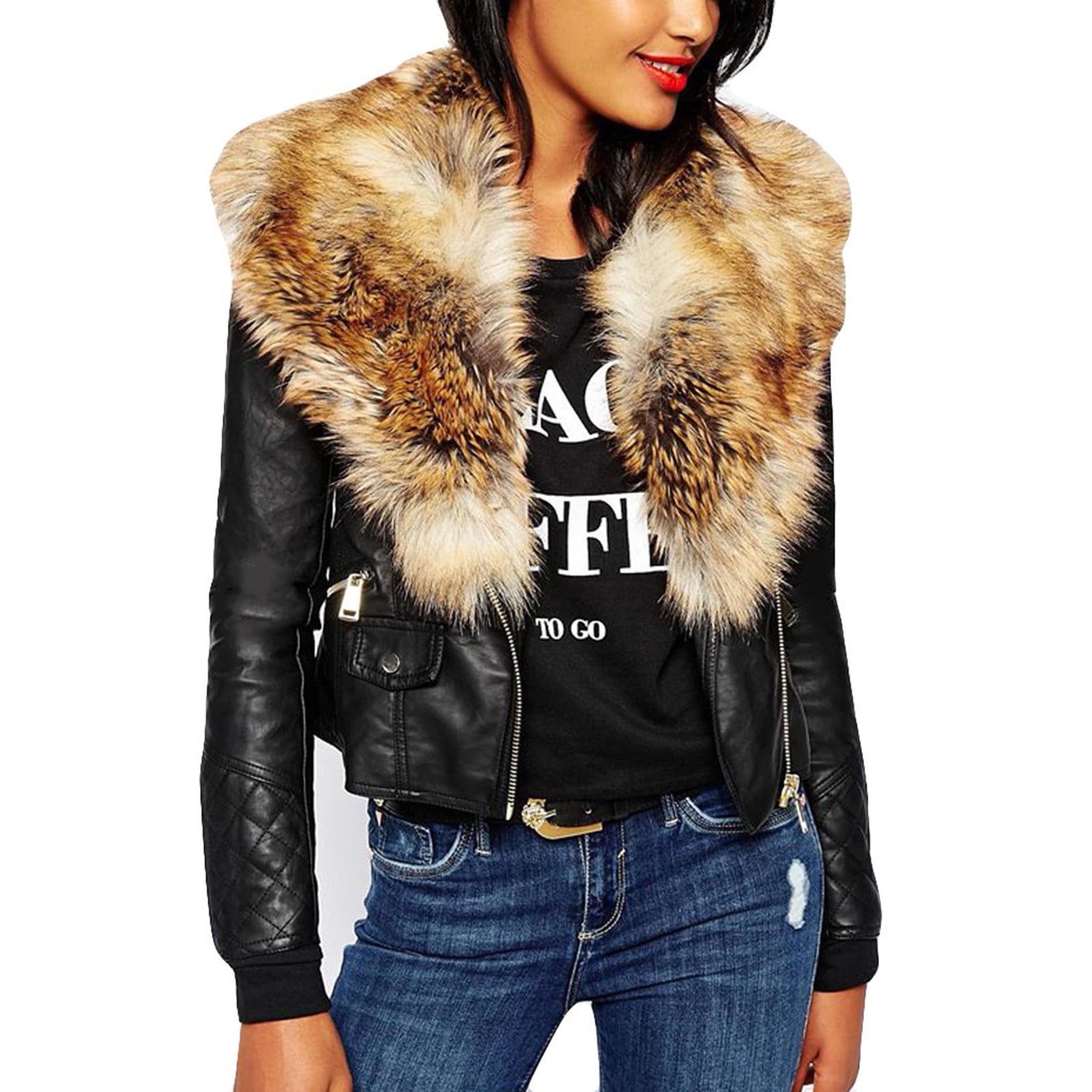 Short leather jacket cheap with fur collar