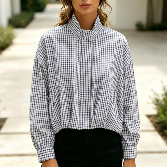 Women Cropped Gingham Bomber Jacket Plaid Oversized Zip Up Stand Collar with Batwing Sleeves Casual Coat Spring Fall Coat, Navy, L