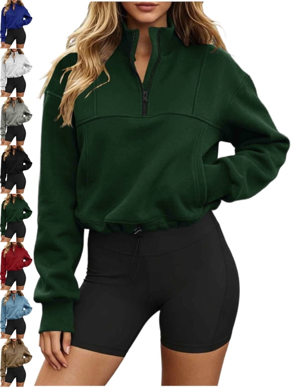 Women Cropped Half Zip Sweatshirt Oversized Mock Neck Long Sleeve Kangaroo Pocket Drawstring Hem Loose Casual Top