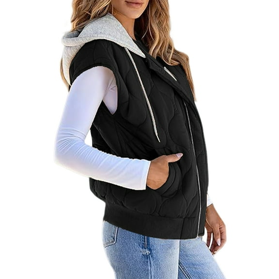 Women Cropped Hooded Zip Up Quilted Sleeveless Jackets Fall Light-Weight Coat with Pockets Black L
