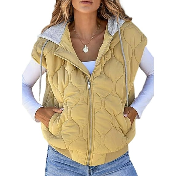 Women Cropped Hooded Zip Up Quilted Sleeveless Jackets Fall Light-Weight Coat with Pockets Yellow XXL