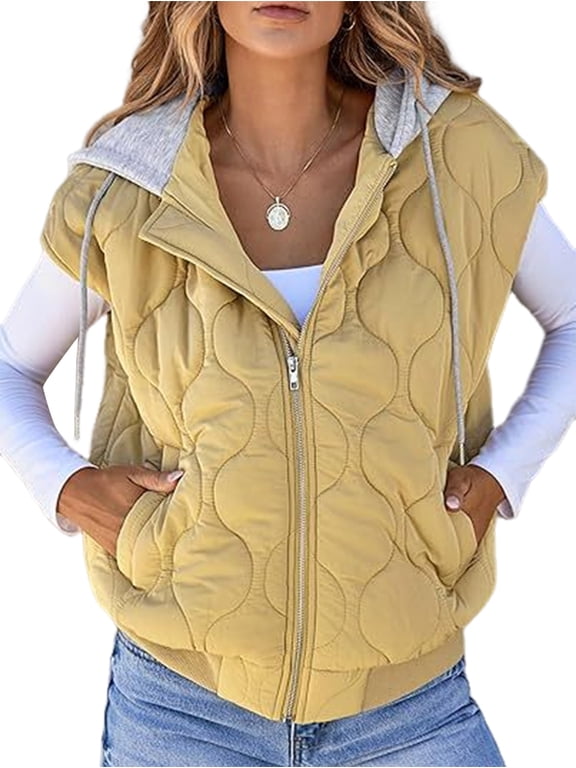 Women Cropped Hooded Zip Up Quilted Sleeveless Jackets Fall Light-Weight Coat with Pockets Yellow XXL