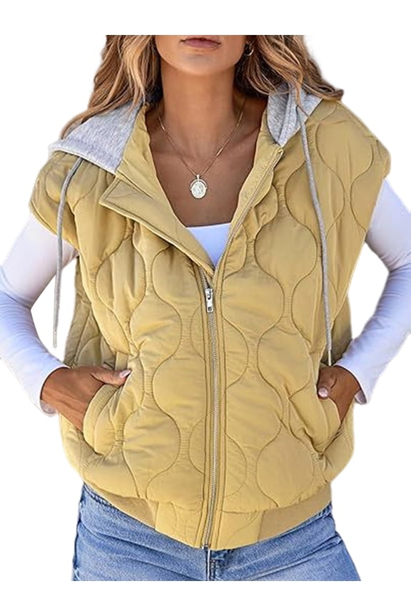 Women Cropped Hooded Zip Up Quilted Sleeveless Jackets Fall Light-Weight Coat with Pockets Yellow XXL