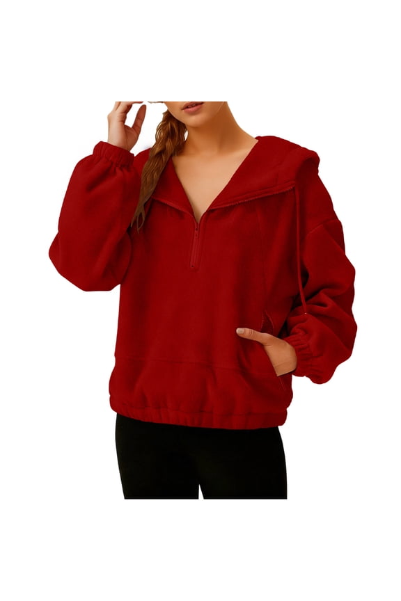Women Cropped Hoodie Fashion Quarter Zipper Lapel Sweatshirts Drawstring Hooded Tunic Tops with Side Pockets