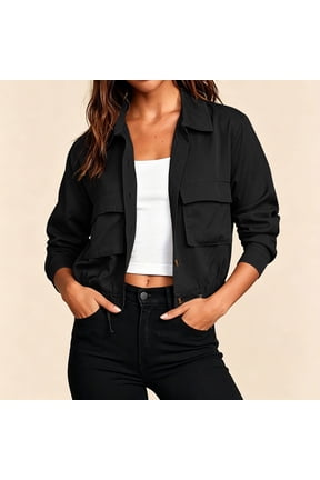 Women Cropped Jacket Button Front Short Outerwear Lapel Collar Drawstring Hem Loose Coat with Cargo Pockets Black M