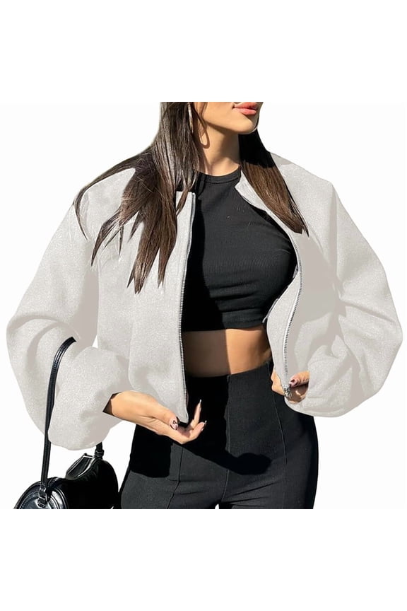 Women Cropped Jacket Casual Zip Up Varsity Jackets Trendy Outwear Coats with Welt Pockets Cream White L