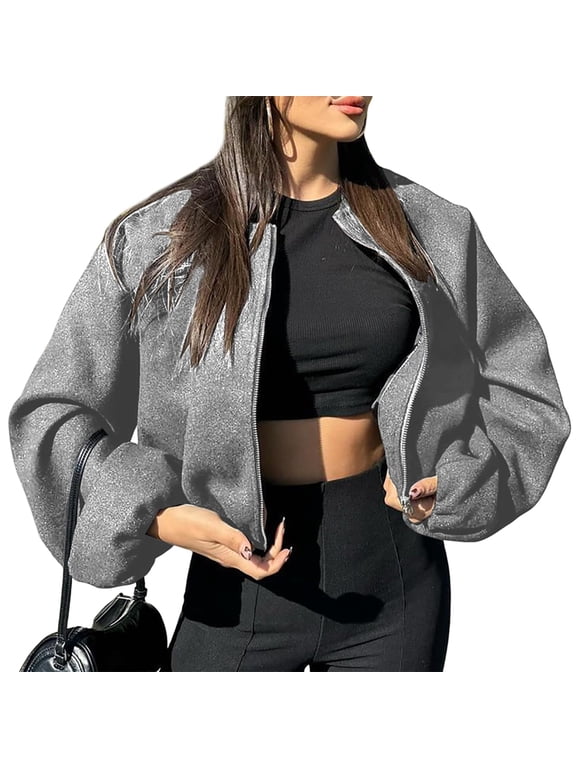 Women Cropped Jacket Casual Zip Up Varsity Jackets Trendy Outwear Coats with Welt Pockets Gray L