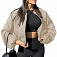 thumbnail image 1 of Women Cropped Jacket Casual Zip Up Varsity Jackets Trendy Outwear Coats with Welt Pockets Khaki M, 1 of 7