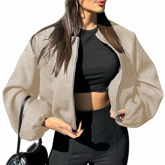 Women Cropped Jacket Casual Zip Up Varsity Jackets Trendy Outwear Coats with Welt Pockets Khaki XS