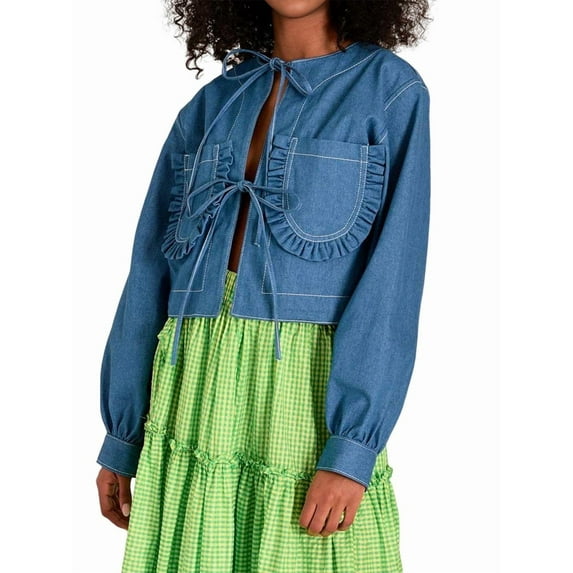Women Cropped Jacket Fashion Tie Front Lapel Neck Long Sleeve Jean Coat Lightweights Shacket Fall Blouse Blue XL