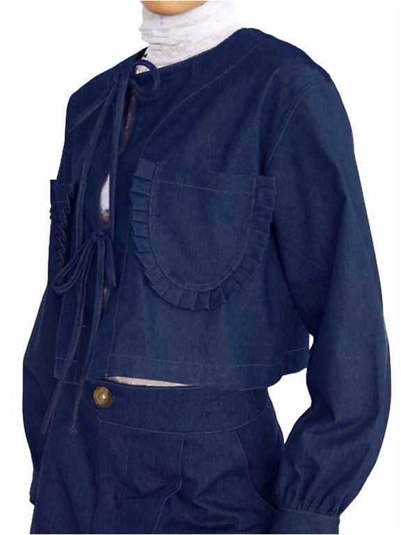 Women Cropped Jacket Fashion Tie Front Lapel Neck Long Sleeve Jean Coat Lightweights Shacket Fall Blouse Dark Blue L