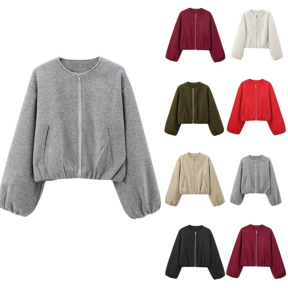 Women Cropped Jacket Long Sleeve Zip Up Bomber Coat Casual Streetwear Loose Fit Short Outerwear