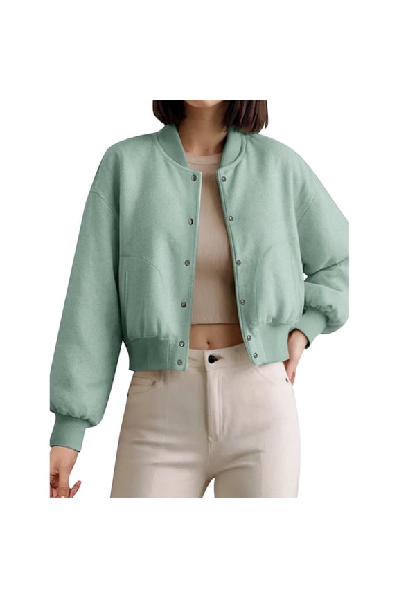 Women Cropped Jacket Wool Blend Varsity Short Pea Coats Long Sleeve Button Down Winter Casual Outerwear Light Green XS