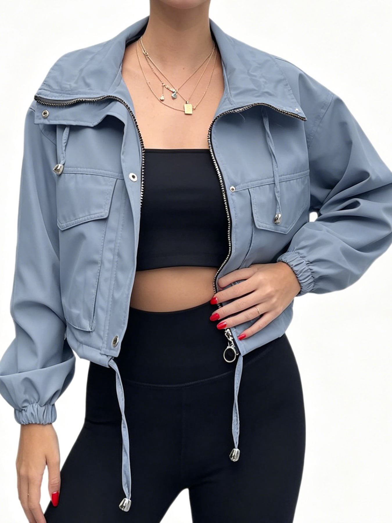 Spring Fall Women Long Sleeve Turn-down Collar Casual Zipper