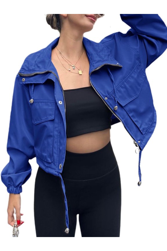 Spring Fall Women Long Sleeve Turn-down Collar Casual Zipper Jacket Loose Anorak Crop Coat with Pocket