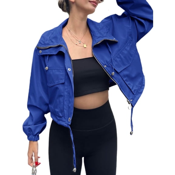 Spring Fall Women Long Sleeve Turn-down Collar Casual Zipper Jacket Loose Anorak Crop Coat with Pocket