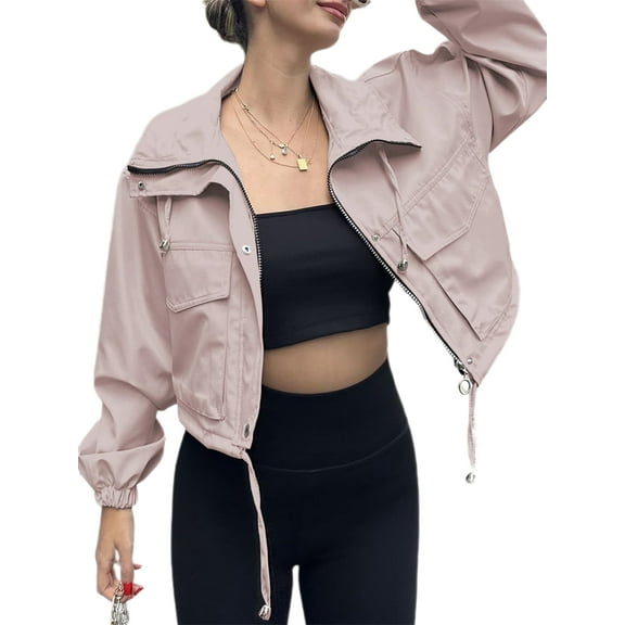 Spring Fall Women Long Sleeve Turn-down Collar Casual Zipper Jacket Loose Anorak Crop Coat with Pocket
