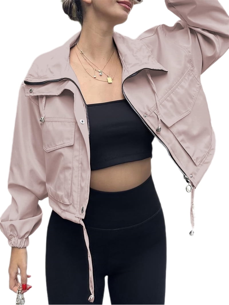 Spring Fall Women Long Sleeve Turn-down Collar Casual Zipper