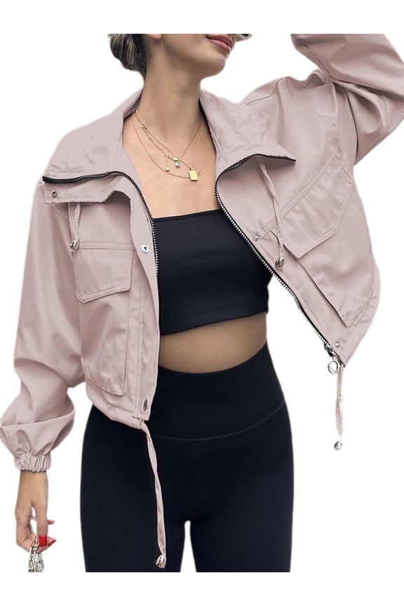 Spring Fall Women Long Sleeve Turn-down Collar Casual Zipper Jacket Loose Anorak Crop Coat with Pocket