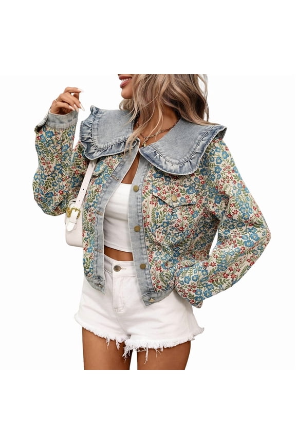 Women Cropped Jean Jacket Embroidered Jacquard Long Sleeve Casual Floral Denim Jackets Blue L