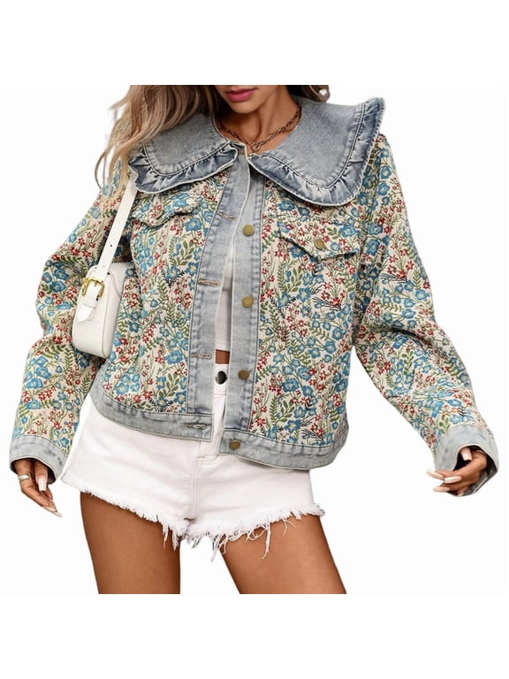 Women Cropped Jean Jacket Embroidered Jacquard Long Sleeve Casual Floral Denim Jackets Blue S