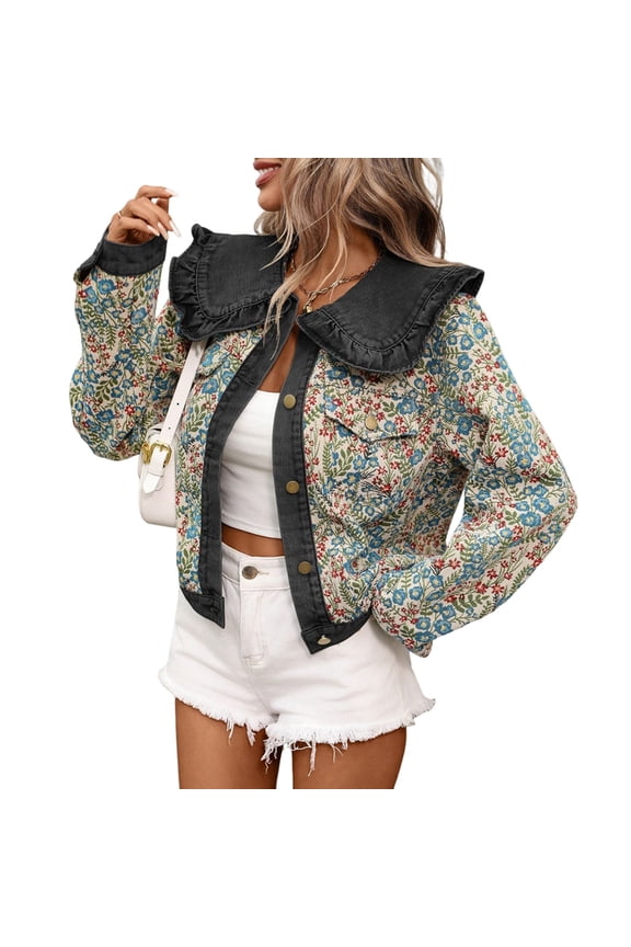 Women Cropped Jean Jacket Embroidered Jacquard Long Sleeve Casual Floral Denim Jackets